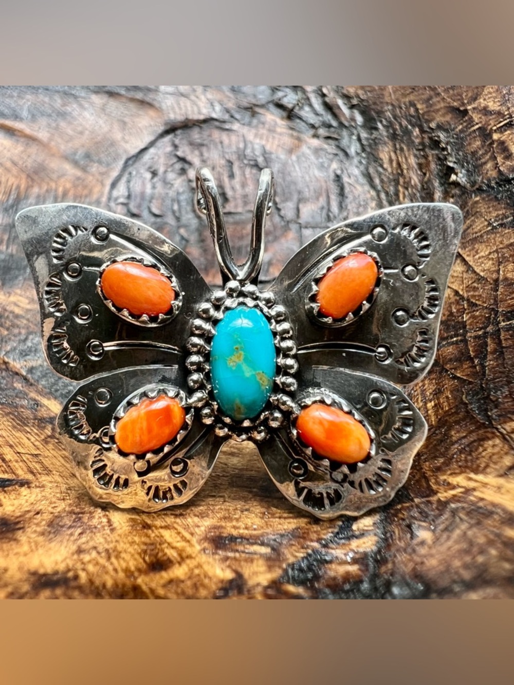 Sterling Silver Turquoise Spiny Oyster Butterfly Ring Size 8.5